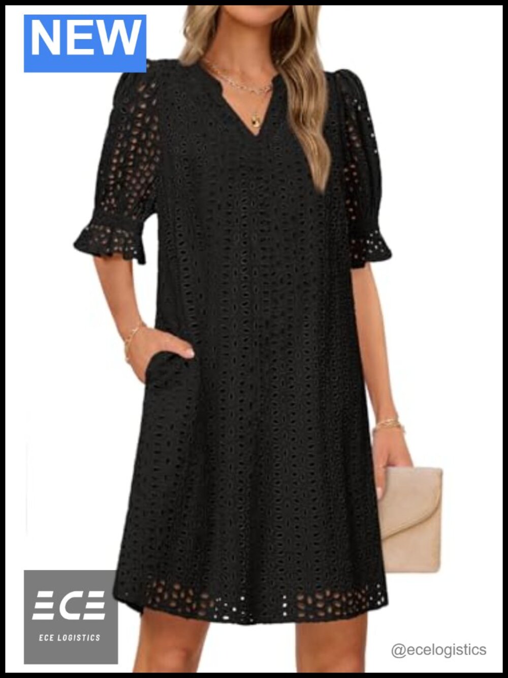 Women's Short Sleeve V Neck Eyelet Lace Mini Dress Loose Fit Summer Sundress